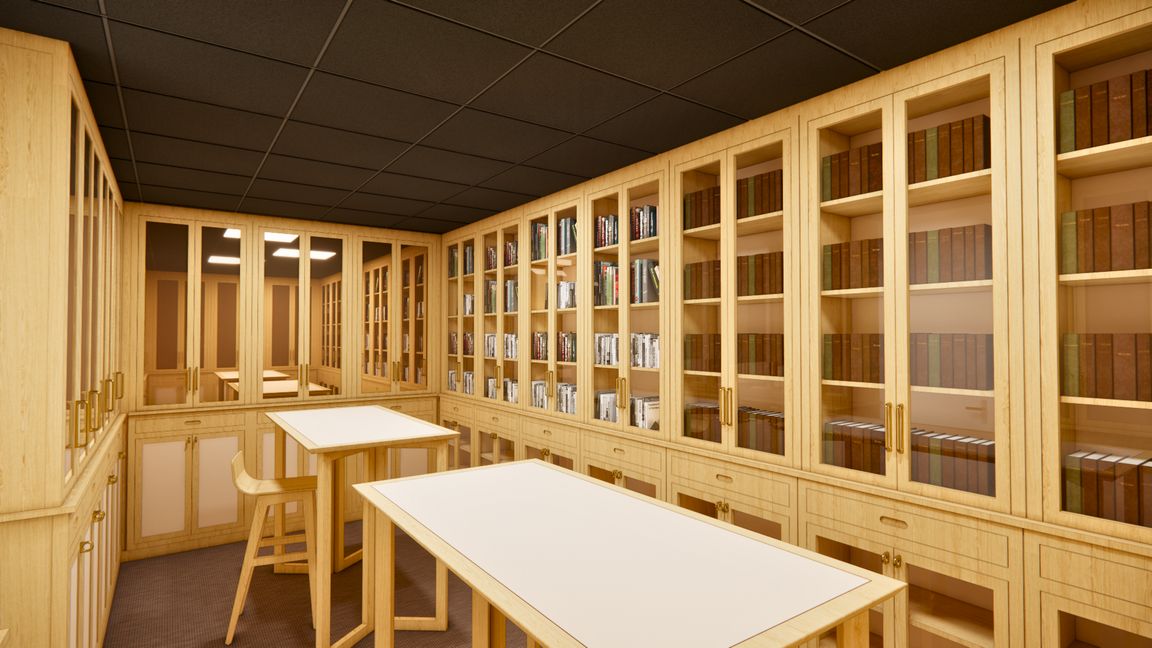 Bibliothèque professionnelle à Laval : vitrines bois toute hauteur et tables de consultation
