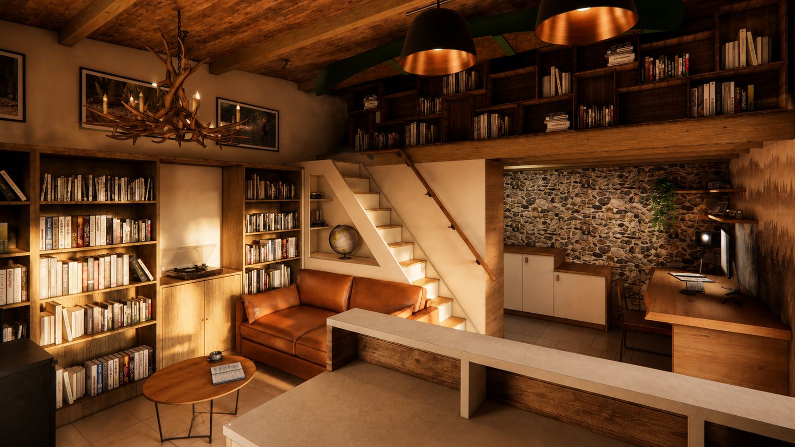 Espace de vie avec mezzanine bibliothèque et escalier intégré en Mayenne