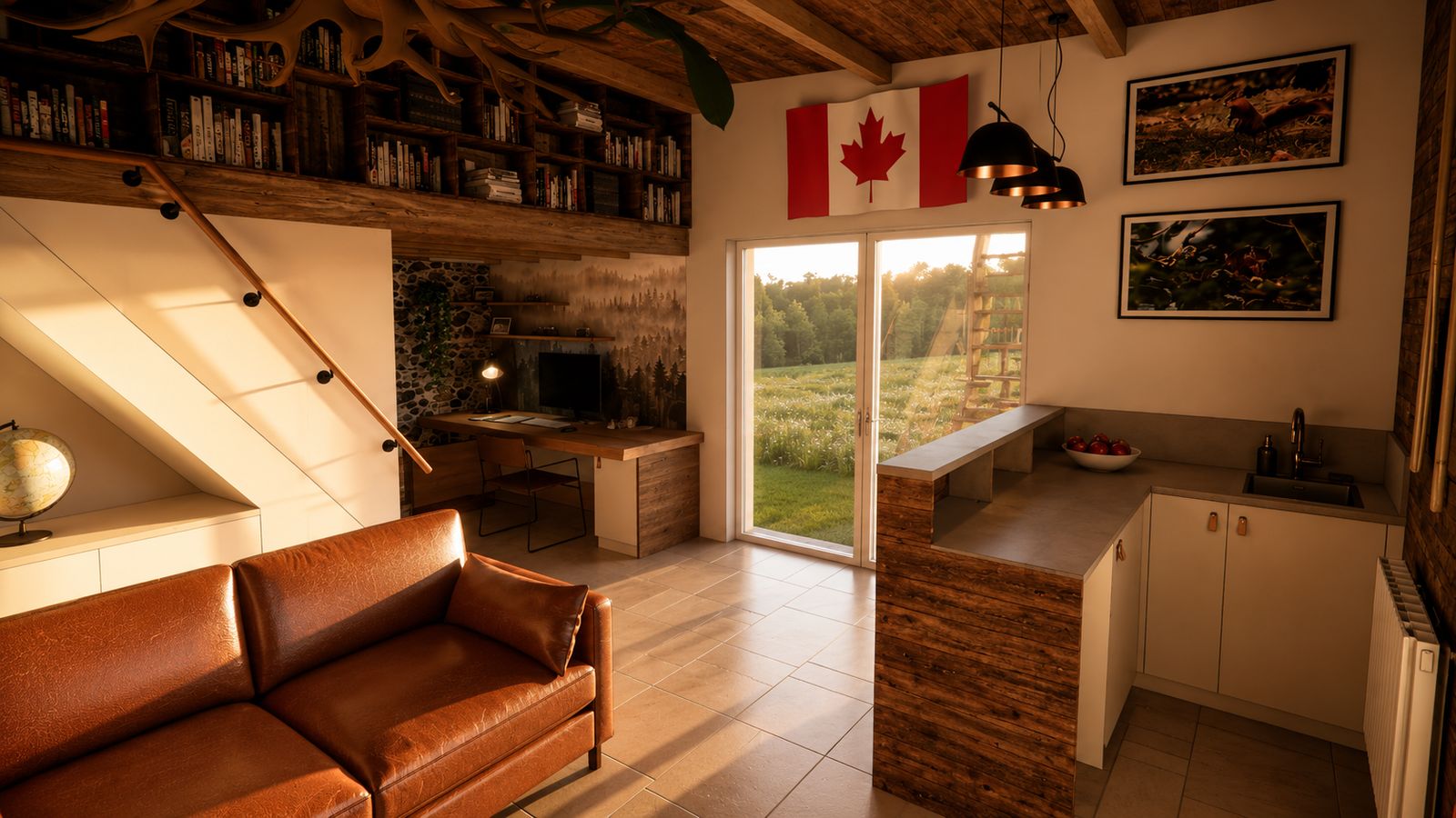 Pièce de vie ouverte sur la kitchenette-bar et la baie vitrée