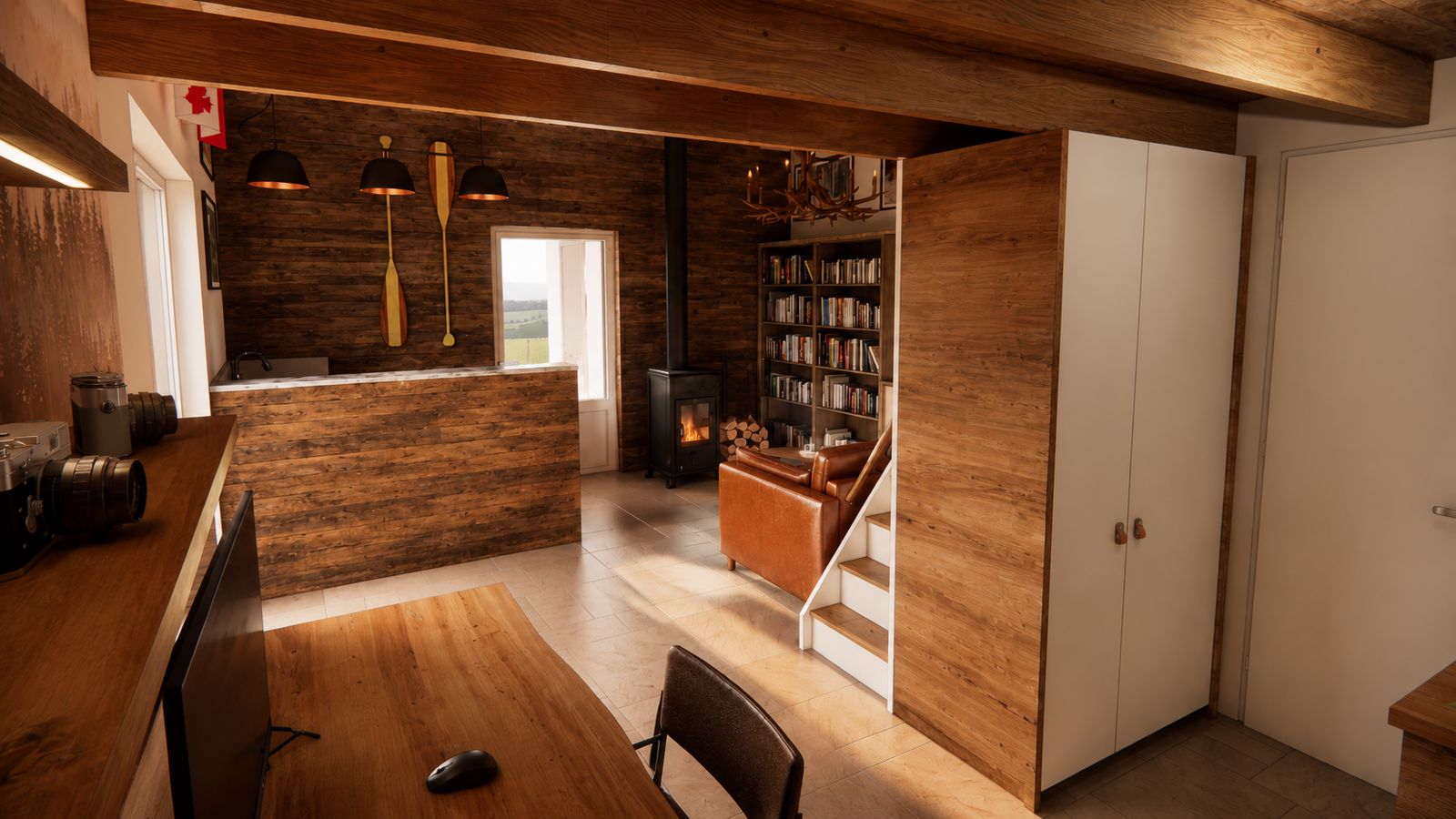 Bar en bois de récupération, poêle à bois et bibliothèque