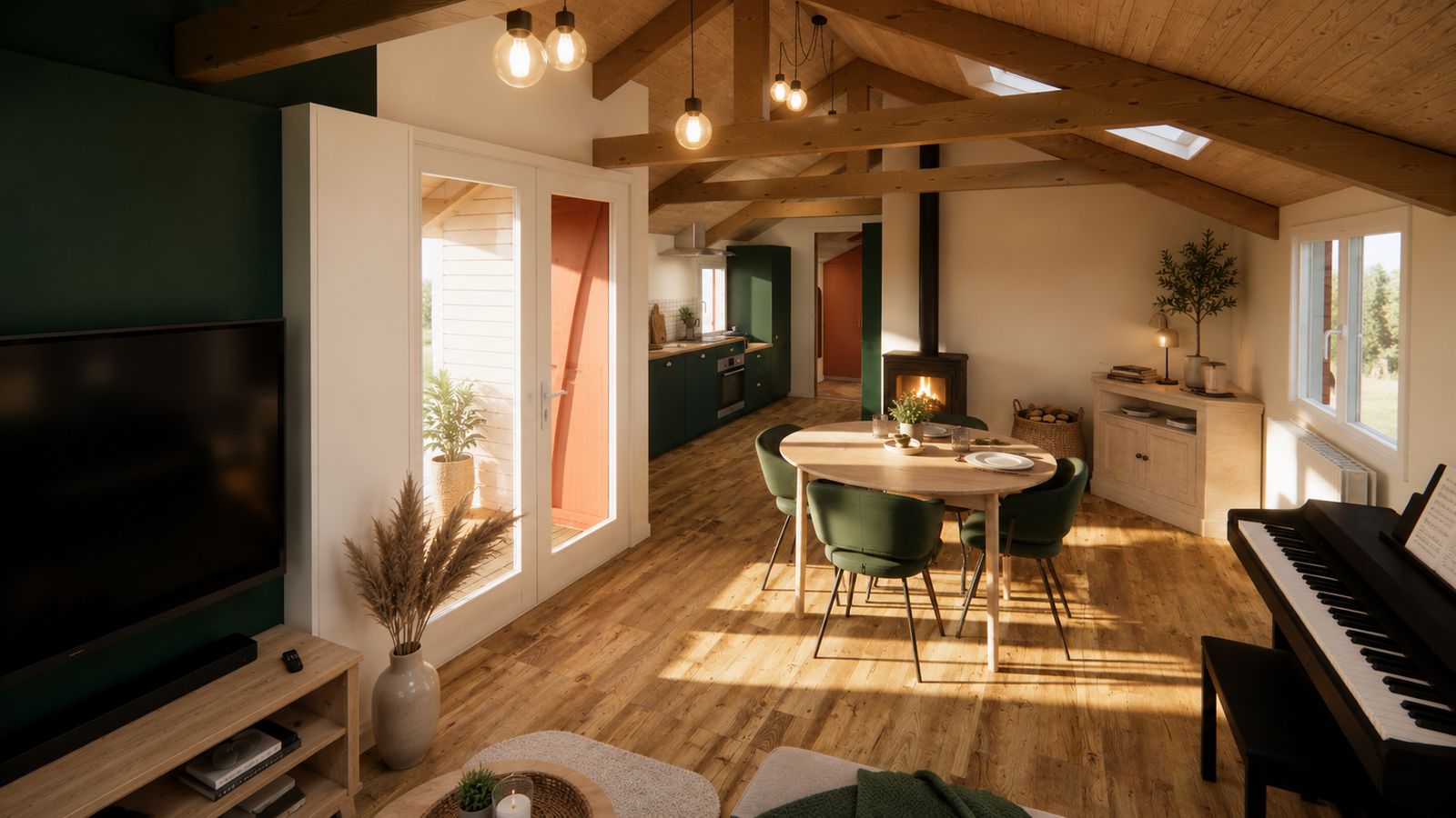 Pièce de vie du chalet à Saint-Berthevin : charpente bois apparente, poêle à bois et coin repas