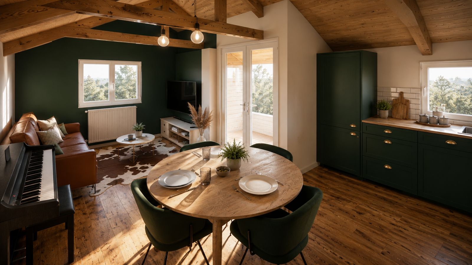 Pièce de vie d'un chalet rénové à Saint-Berthevin : charpente bois, coin repas et cuisine vert profond