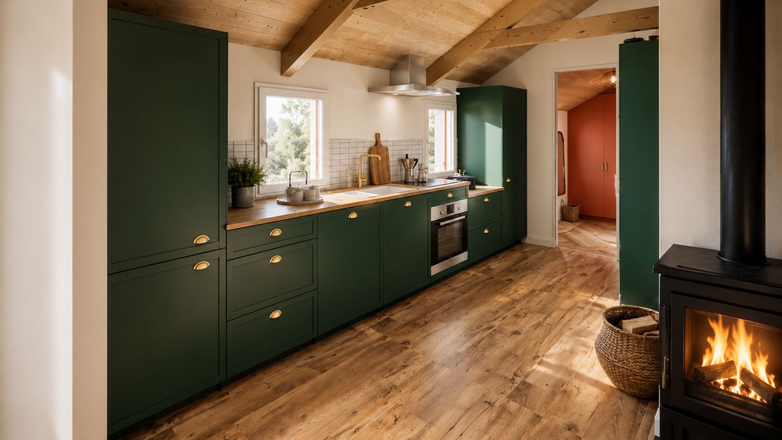 Cuisine sur mesure vert Cardo, poignées laiton et plan de travail bois