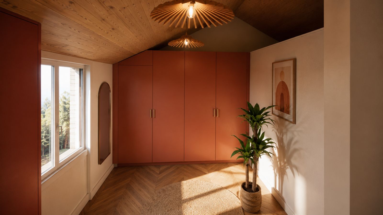 Dressing sur mesure rose Faham sous plafond en sapin