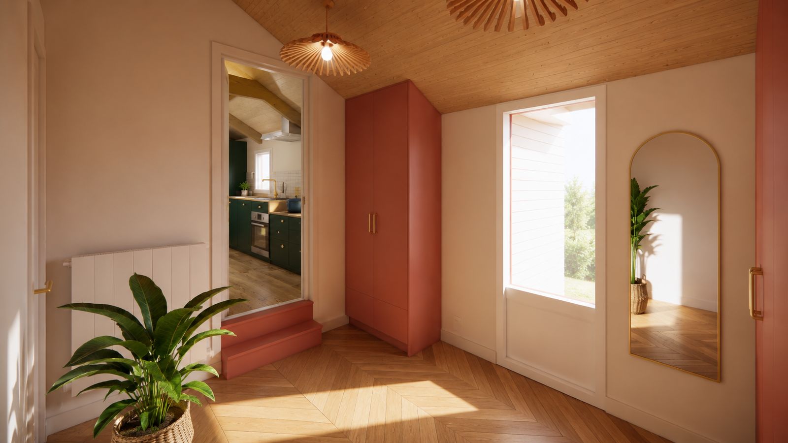 Dressing rose Faham avec marche intégrée et parquet chêne point de Hongrie