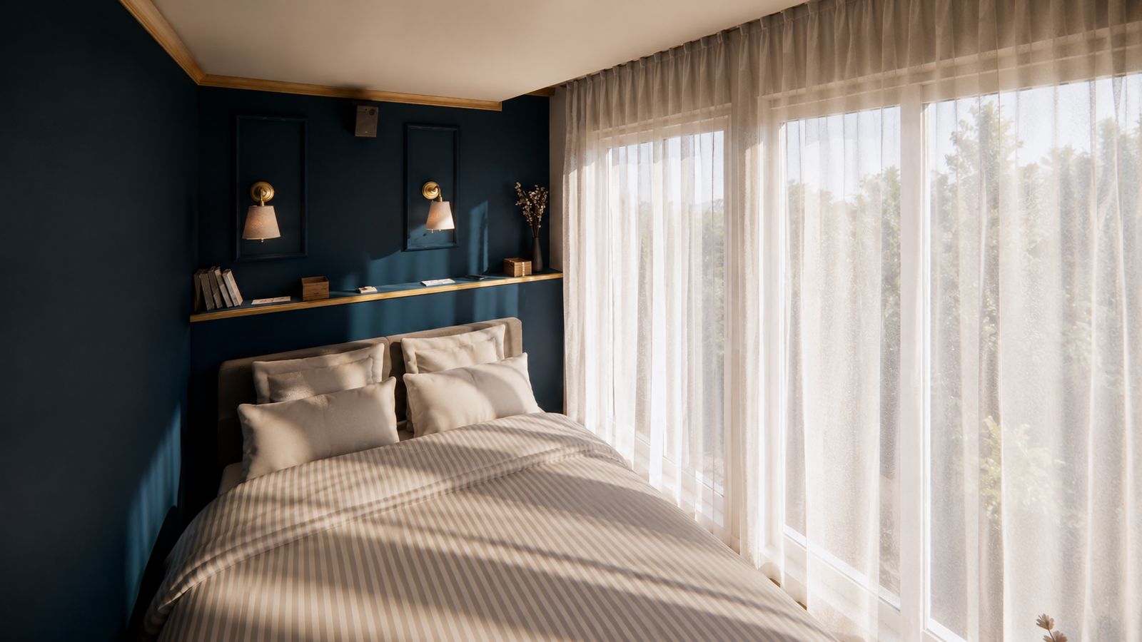 Chambre bleu Vernois avec tablette en tête de lit et appliques laiton