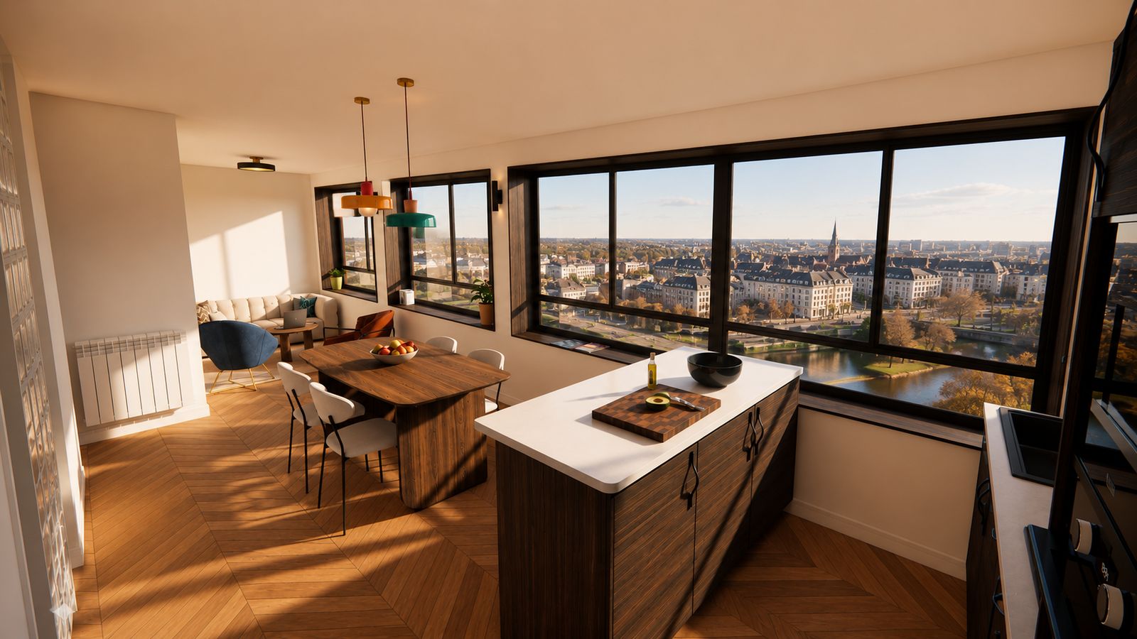 Séjour-cuisine de l'appartement à Laval : îlot, table bois et vue panoramique sur la ville