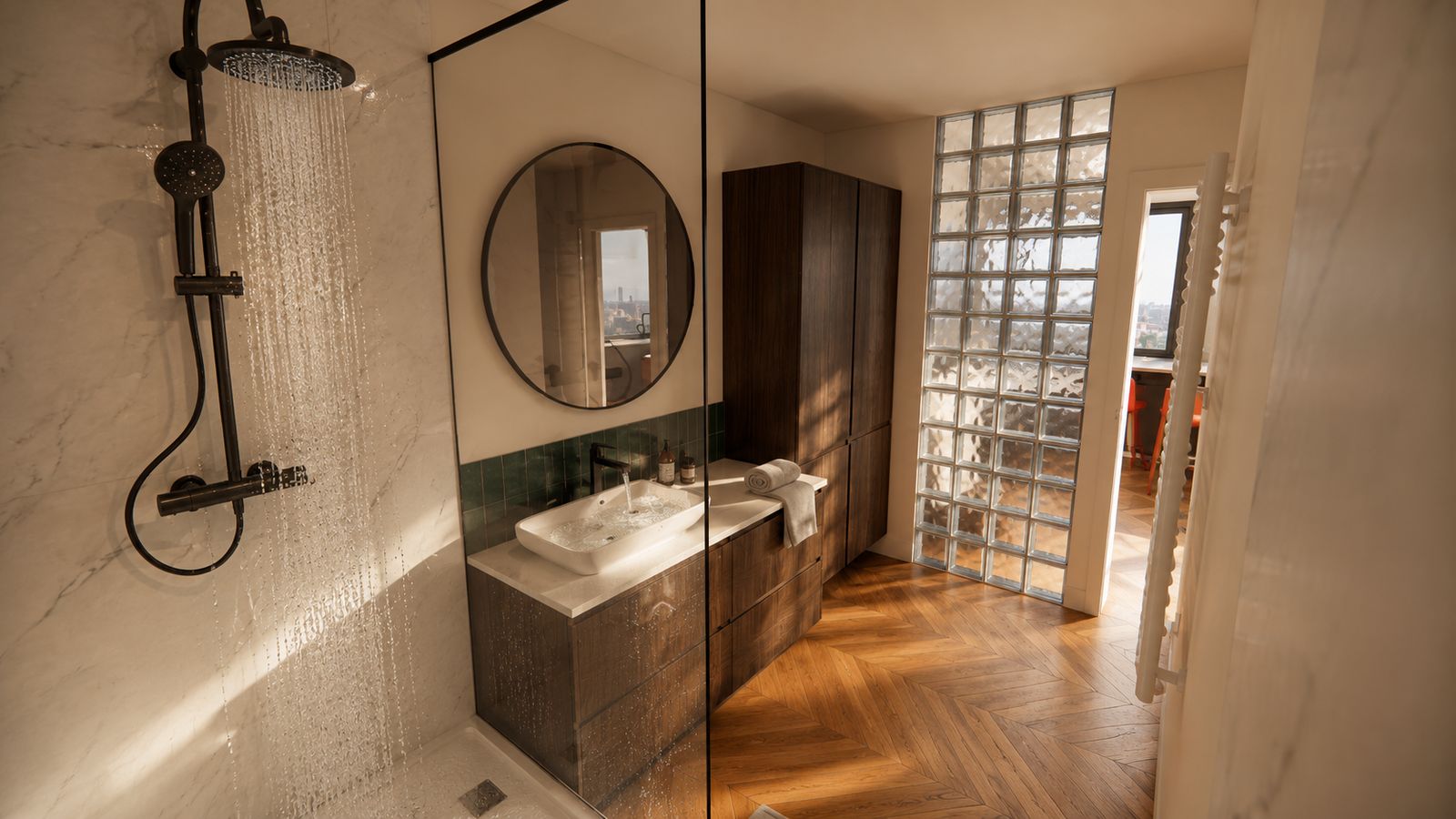 Salle d'eau en marbre blanc, meuble vasque bois foncé et briques de verre