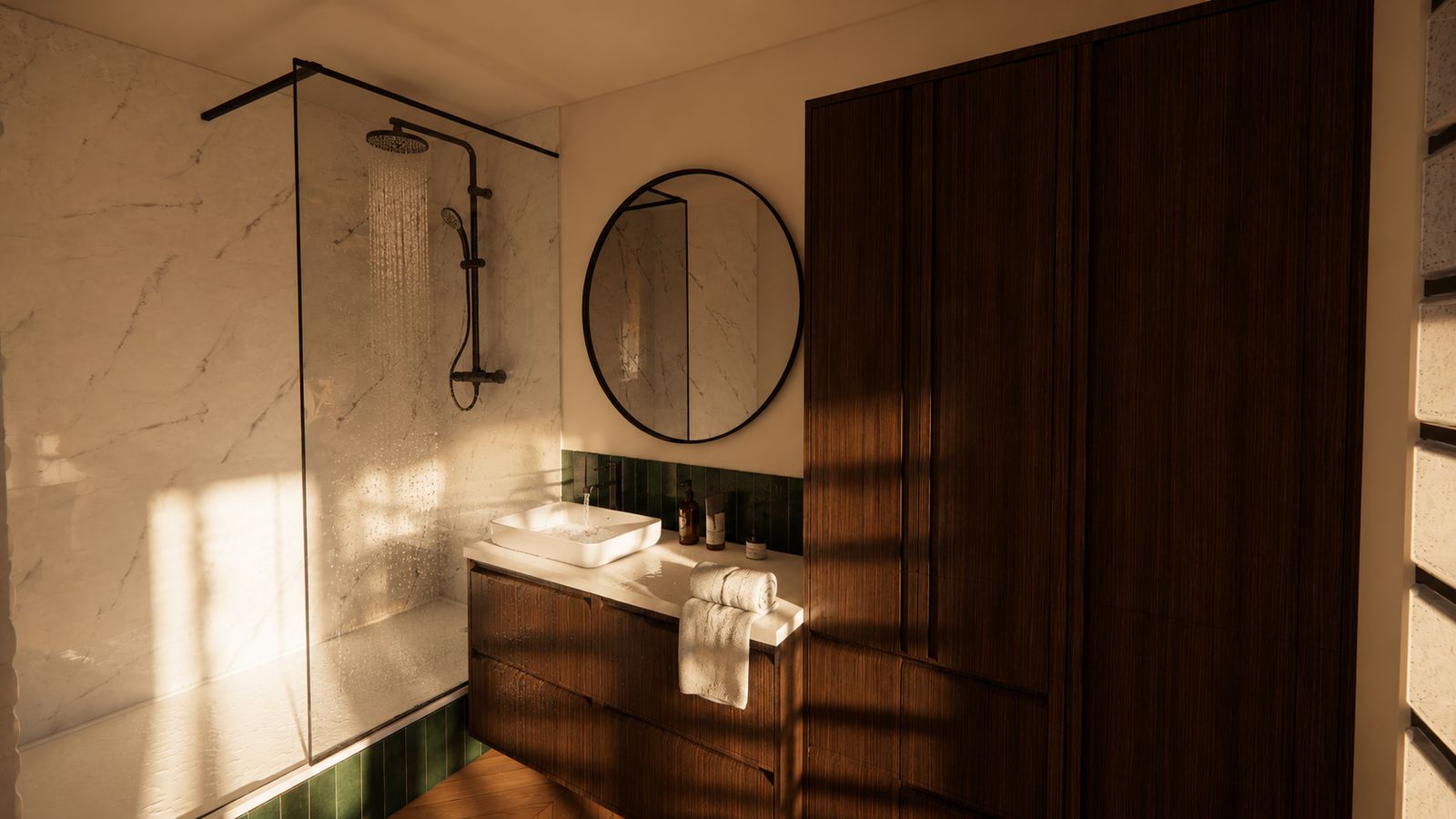 Meuble vasque et colonne sur mesure en bois foncé, crédence zellige vert