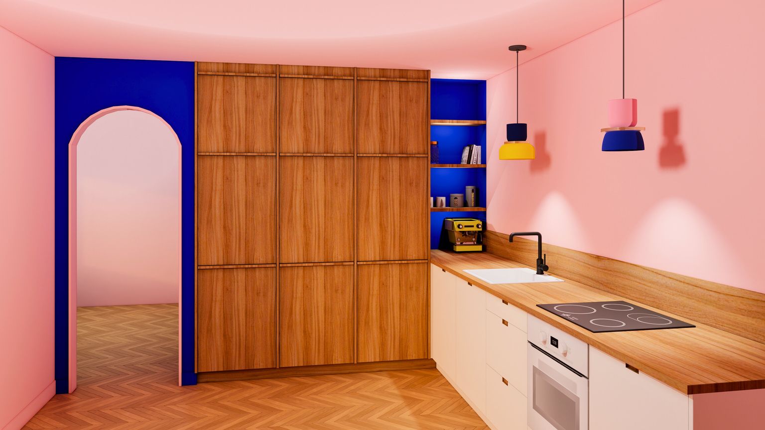 Cuisine sur mesure à Changé : colonnes bois et niche bleue