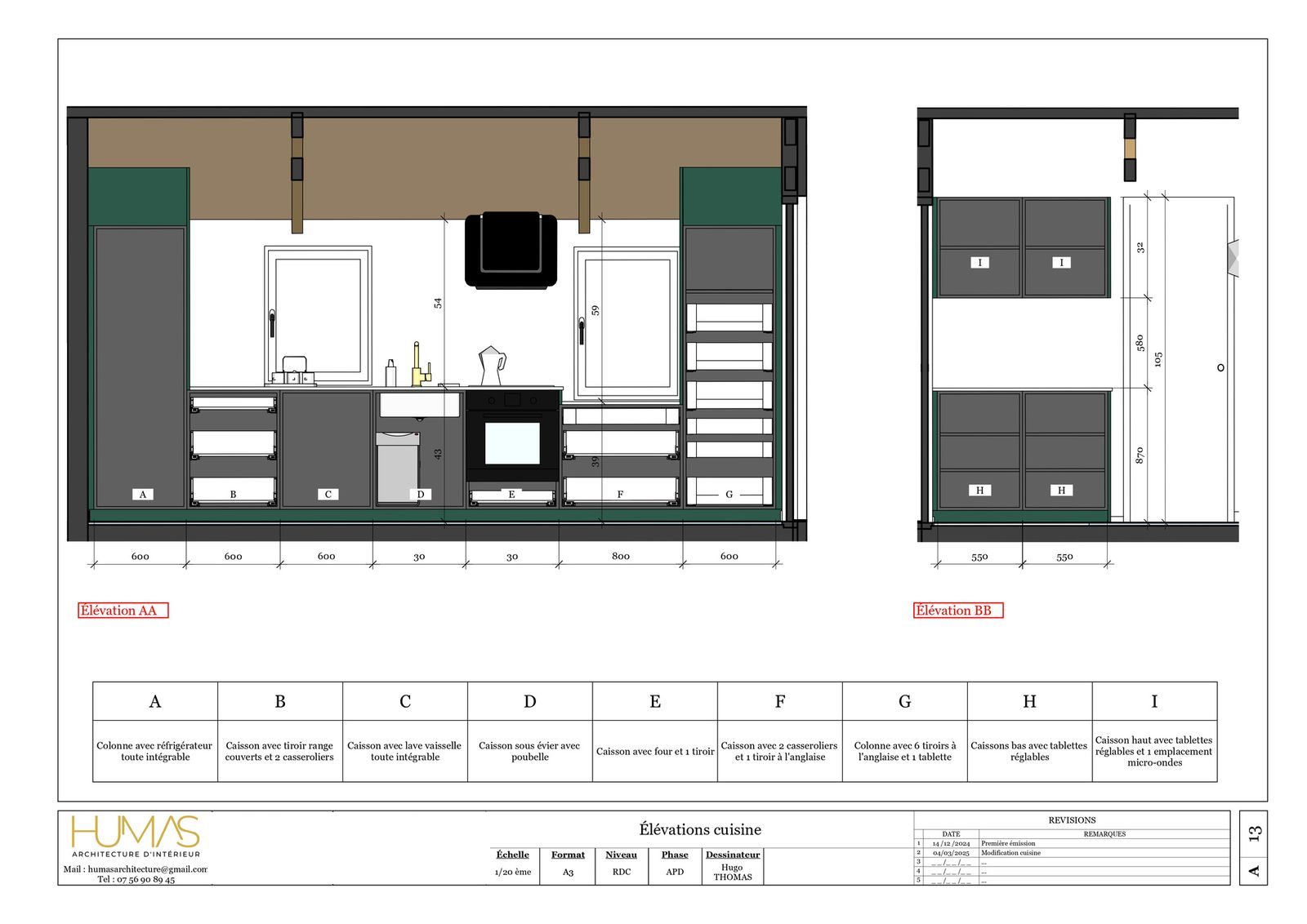 Élévation cotée d'un agencement de cuisine dessinée par HUMAS ARCHITECTURE