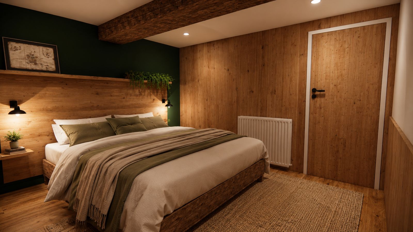 Chambre d'une maison en pierre à Champéon : habillage bois, tête de lit sur mesure et mur vert profond