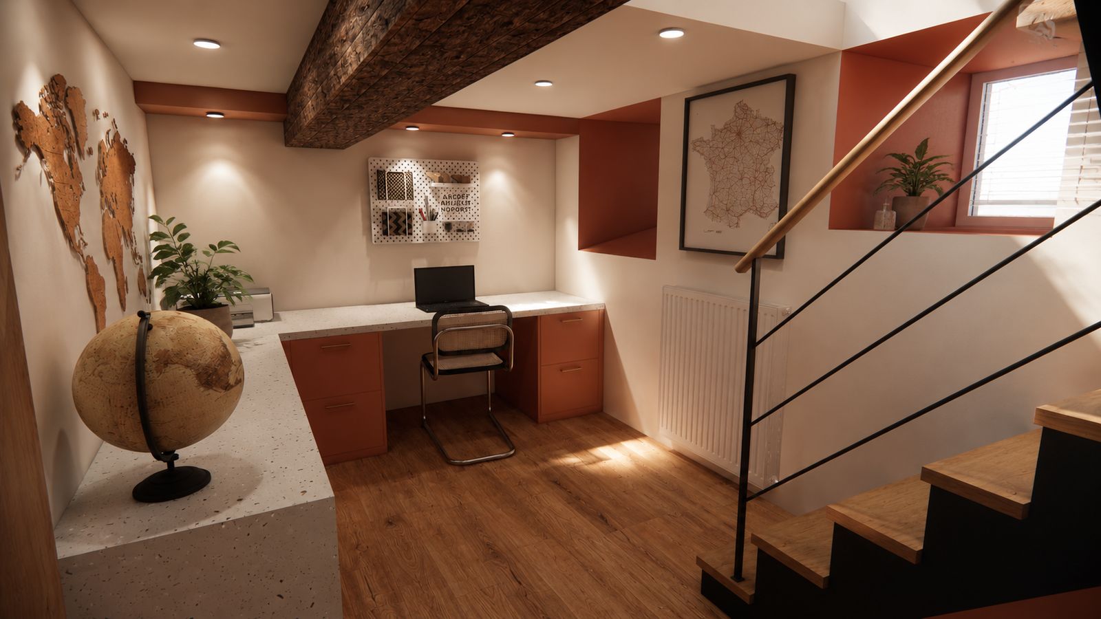 Bureau sur mesure en L avec caissons terracotta et plan de travail terrazzo