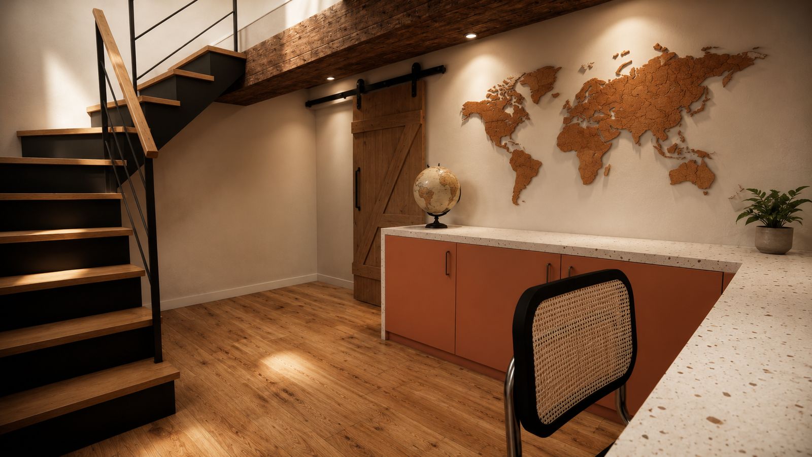 Bureau au pied de l'escalier quart tournant, porte de grange coulissante et carte du monde en bois
