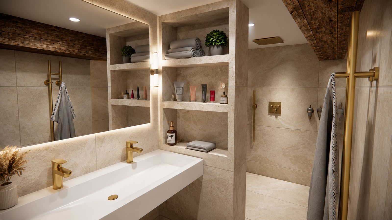 Salle de bain en travertin avec niches maçonnées, vasque double et robinetterie dorée