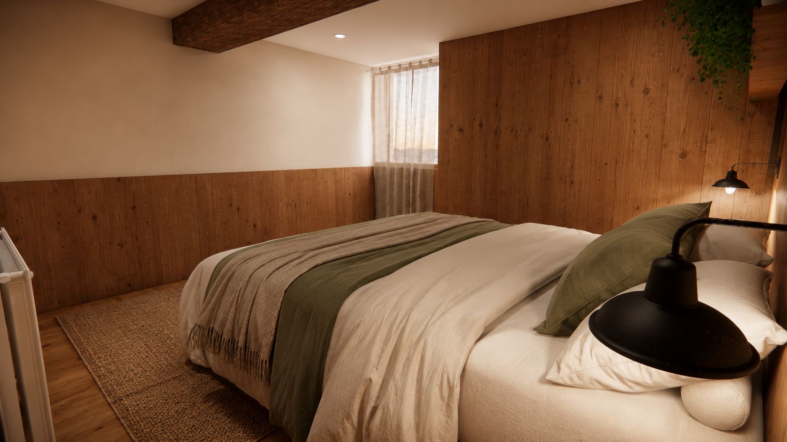 Chambre avec soubassement en lambris bois et voilage en lin