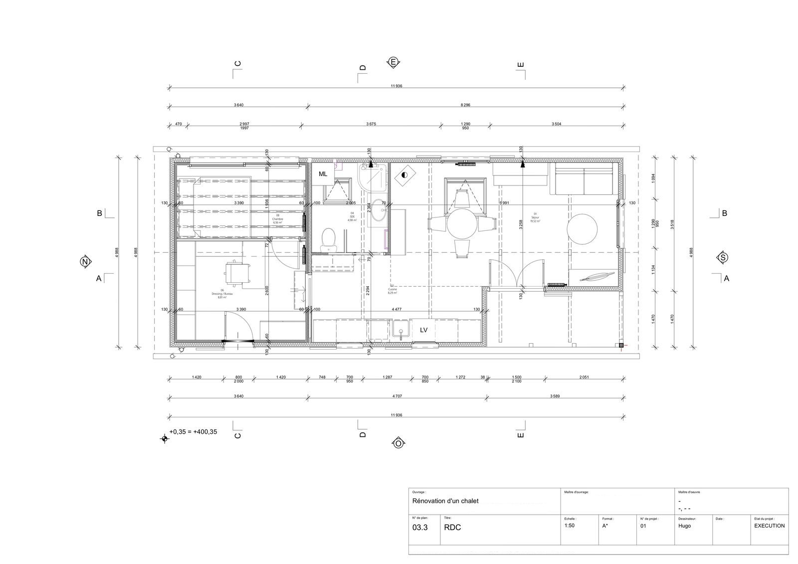 Plan d'aménagement coté d'une maison réalisé par HUMAS ARCHITECTURE