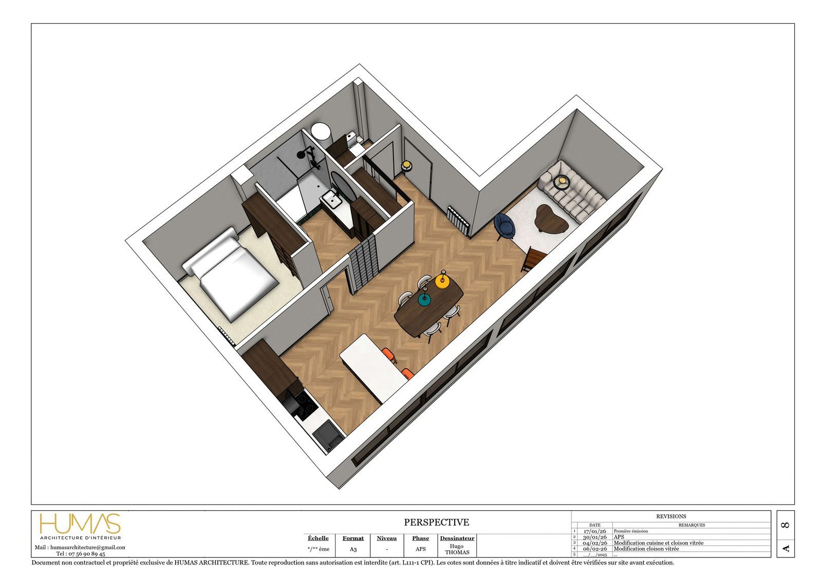 Perspective 3D de l'appartement T2 à Laval
