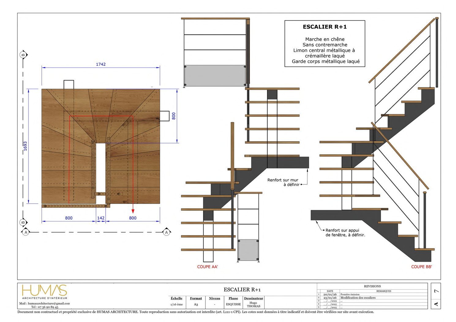 Plan et coupes cotés de l'escalier deux quarts tournants de l'étage