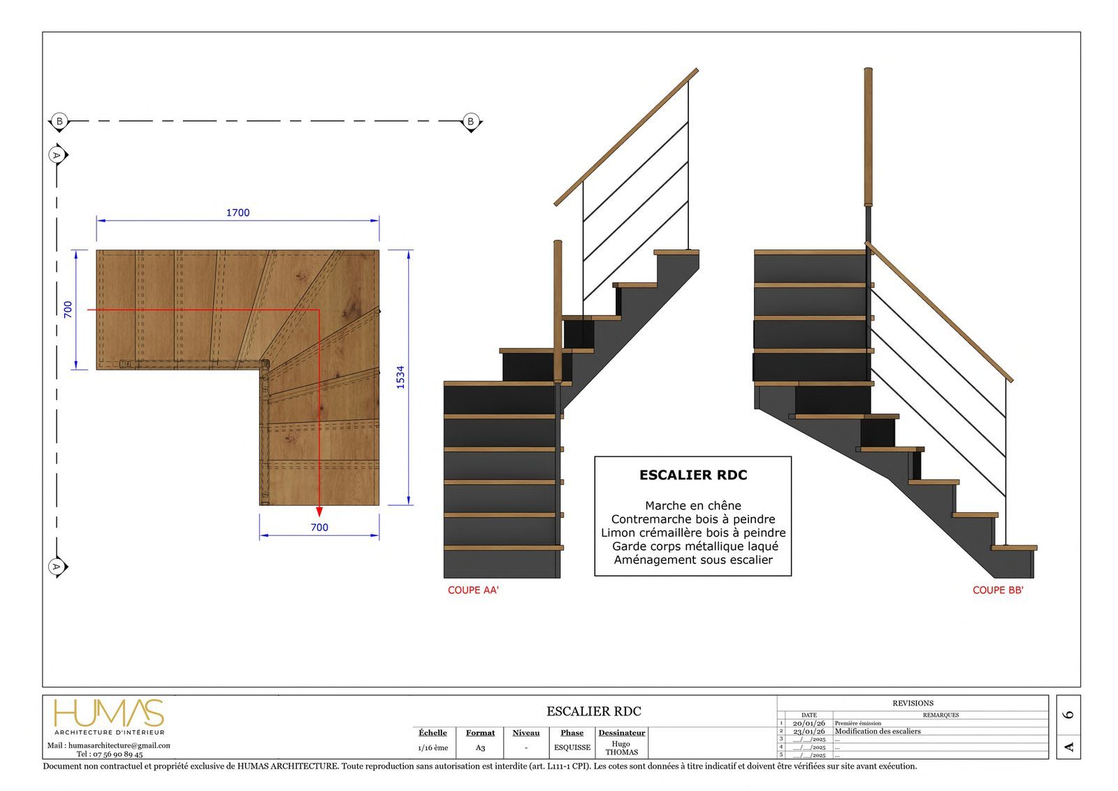 Plan et coupes cotés de l'escalier quart tournant du rez-de-chaussée