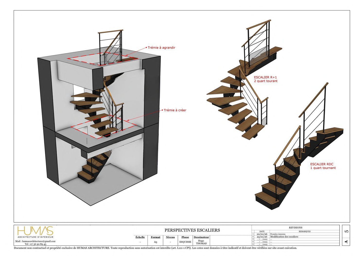 Perspectives 3D des deux escaliers sur mesure de la maison de Champéon