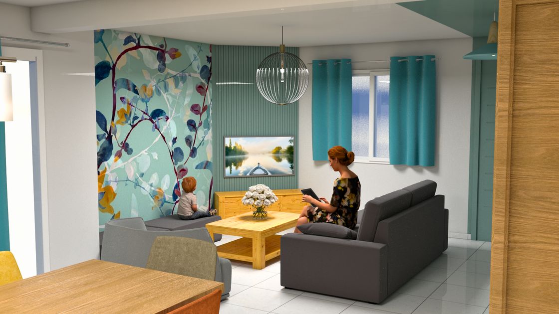 Salon à L'Huisserie avec panoramique végétal et rideaux bleu canard